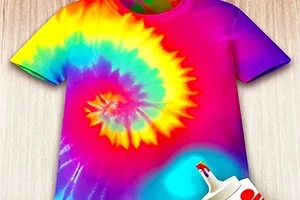 Tricou colorat tie-dye în spirală, în nuanțe de curcubeu, cu un recipient de vopsea în colț