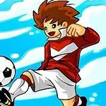 Un personaj animat într-un echipament sportiv roșu lovește o minge de fotbal pe un fundal de cer albastru cu nori albi