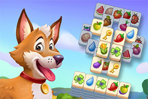 Un câine animat vesel alături de piese de puzzle cu imagini de fructe și obiecte diverse pe un fundal albastru