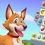 Un câine animat vesel alături de piese de puzzle cu imagini de fructe și obiecte diverse pe un fundal albastru