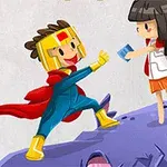 Un personaj în costum colorat și pelerină primește o carte de la o fată cu pelerină, pe un fundal de rocă mov