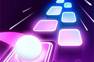 Un drum luminos pe care se află un glob alb ce alunecă printre dreptunghiuri iluminate albastru și violet