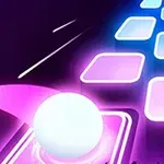 Un drum luminos pe care se află un glob alb ce alunecă printre dreptunghiuri iluminate albastru și violet