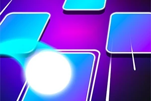 O bilă luminoasă se mișcă printre platforme dreptunghiulare albastre pe un fundal violet