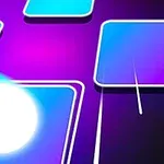 O bilă luminoasă se mișcă printre platforme dreptunghiulare albastre pe un fundal violet