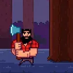 Personaj cu barbă și cămașă în carouri roșii ținând un topor, stând lângă un copac mare într-o pădure pixelată