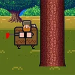 Un personaj pixelat cu barbă taie un copac într-un peisaj cu pădure și cer albastru