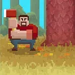 Un bărbat în stil pixelat cu barbă și topor stând lângă un copac într-o pădure