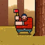 Un personaj pixelat cu o barbă și un topor, îmbrăcat cu o cămașă roșie în carouri, stă lângă un copac mare într-o pădure