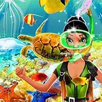 Scafandru subacvatic înconjurat de creaturi marine colorate, inclusiv broaște țestoase, meduze și stele de mare