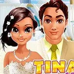 Cuplu animat în haine de nuntă, în fața unui decor tropical