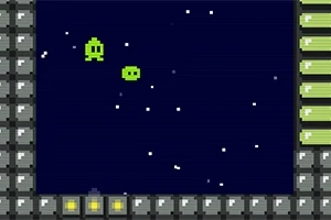 Două personaje verzi cu aspect de pixe art plutesc într-un spațiu cosmic întunecat, înconjurate de margini gri și luminițe verzi