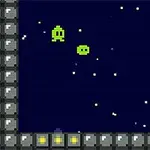 Două personaje verzi cu aspect de pixe art plutesc într-un spațiu cosmic întunecat, înconjurate de margini gri și luminițe verzi