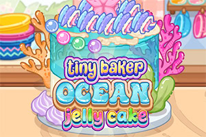 Tort colorat cu glazură albastră, decorațiuni marine și inscripția „tiny baker ocean jelly cake