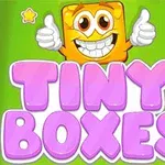 Chip animat galben cu ochi mari și zâmbet larg, dând degetele mari în sus, deasupra textului roz Tiny Boxes pe un fundal verde