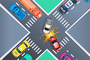Accident rutier la o intersecție aglomerată cu mai multe mașini și un impact vizibil între două vehicule