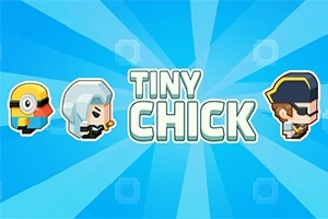 Personaje stilizate și textul TINY CHICK pe un fundal albastru cu raze