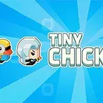 Personaje stilizate și textul TINY CHICK pe un fundal albastru cu raze