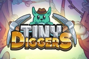 Un personaj verde, cu pălărie, apare deasupra textului Tiny Diggers, flancat de două târnăcoape, pe un fundal colorat cu elemente de natură stilizate
