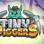 Un personaj verde, cu pălărie, apare deasupra textului Tiny Diggers, flancat de două târnăcoape, pe un fundal colorat cu elemente de natură stilizate