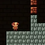 Un personaj pixelat se află lângă platforme de blocuri în diferite nuanțe de maro și gri pe un fundal întunecat
