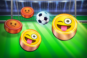 Emoji-uri rotunde cu diverse expresii faciale și o minge de fotbal pe un teren de fotbal, în fața unei porți