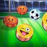 Emoji-uri rotunde cu diverse expresii faciale și o minge de fotbal pe un teren de fotbal, în fața unei porți