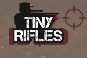 Un soldat în siluetă cu o pușcă și textul „Tiny Rifles” alături de o țintă roșie pe un fundal maro