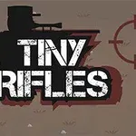 Un soldat în siluetă cu o pușcă și textul „Tiny Rifles” alături de o țintă roșie pe un fundal maro