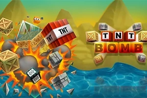 Explozie de cutii și dinamită TNT deasupra apei, cu un fundal montan