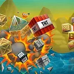 Explozie de cutii și dinamită TNT deasupra apei, cu un fundal montan