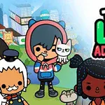 Personaje animate colorate cu diverse expresii pe un fundal de oraș, alături de un logo colorat