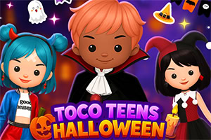 Trei personaje stilizate în costume de Halloween, cu vampir, dovleac, fantome, lilieci și text colorat „Toco Teens Halloween