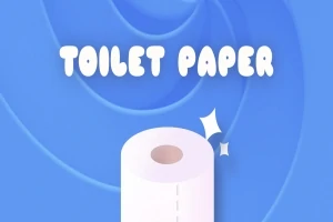 Rola de hârtie igienică pe un fundal albastru cu text stilizat TOILET PAPER