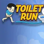 Un desen animat al unui bărbat care fuge spre o toaletă cu fundal albastru și text colorat