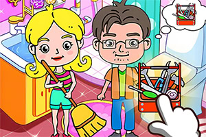 O fată blondă și un băiat cu ochelari stau într-o cameră, lângă o mătură și o cutie plină cu obiecte, indicată de o mână care apasă pe ecran