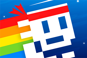 Un personaj pixelat cu o bandană roșie pe cap este în fața unui fundal albastru cu dungi de culori curcubeu