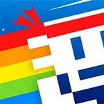 Un personaj pixelat cu o bandană roșie pe cap este în fața unui fundal albastru cu dungi de culori curcubeu