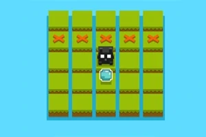 Creature neagră pixelată pe o platformă verde cu semne roșii și o monedă albastră
