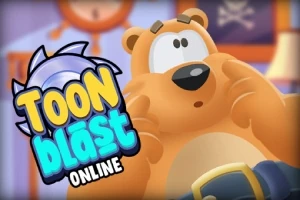 Un urs portocaliu desenat animat, surprins într-o expresie de uimire, cu textul TOON BLAST ONLINE în colțul din stânga jos