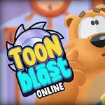 Un urs portocaliu desenat animat, surprins într-o expresie de uimire, cu textul TOON BLAST ONLINE în colțul din stânga jos