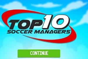 Textul Top 10 Soccer Managers pe un fundal albastru cu nori și un buton verde cu textul Continue