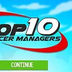 Textul Top 10 Soccer Managers pe un fundal albastru cu nori și un buton verde cu textul Continue