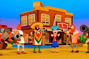 Personaje animate colorate cu arme, în fața unui saloon în stil western, pe fundal de deșert