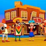Personaje animate colorate cu arme, în fața unui saloon în stil western, pe fundal de deșert