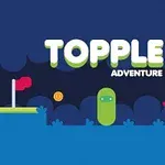 Logo-ul Topple Adventure pe un fundal albastru, cu un personaj verde, o platformă cu steag roșu și un vehicul mic cu un personaj cu cască