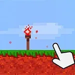 Torță pixelată pe un bloc de pământ cu iarbă și un cursor de mână îndicat spre ea, pe un fundal de cer albastru