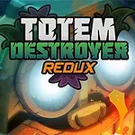 Un totem desenat stilizat, cu ochi mari și luminoși, înconjurat de vegetație, cu textul „Totem Destroyer Redux” deasupra