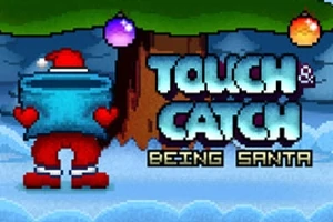 Un Moș Crăciun pixelat ține un cadou albastru lângă un pom de Crăciun, cu beculețe colorate deasupra și textul TOUCH & CATCH BEING SANTA