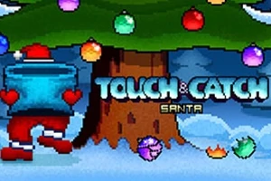 Moș Crăciun pixelat lângă un pom de Crăciun împodobit cu globuri colorate, cu textul Touch & Catch Santa în prim-plan